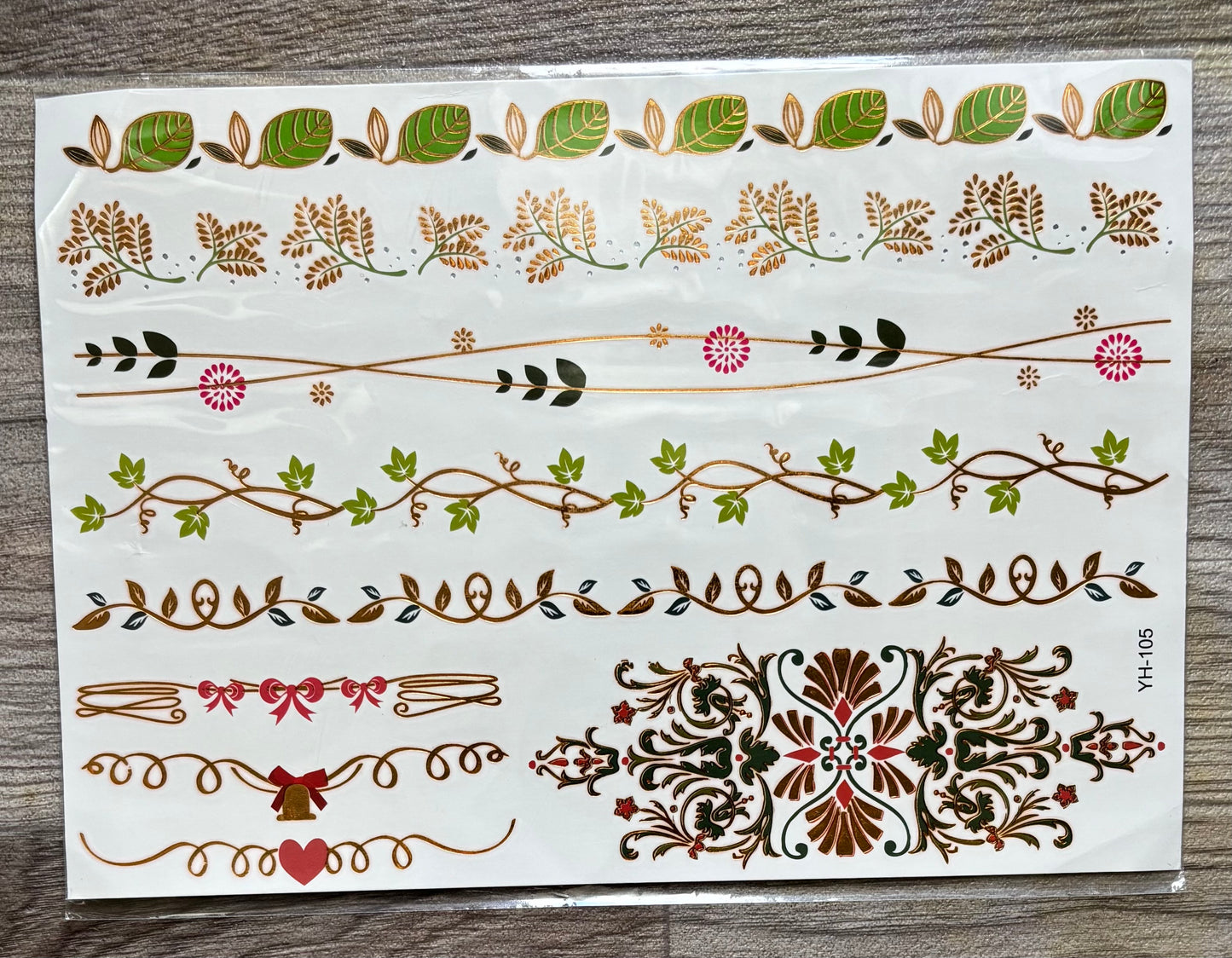 Temporary Gold Foil Flowers & Green Gold Leaf Tattoos