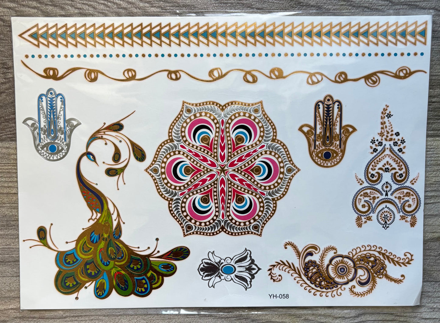 Temporary Gold Foil Mandala & Peacock Tattoos