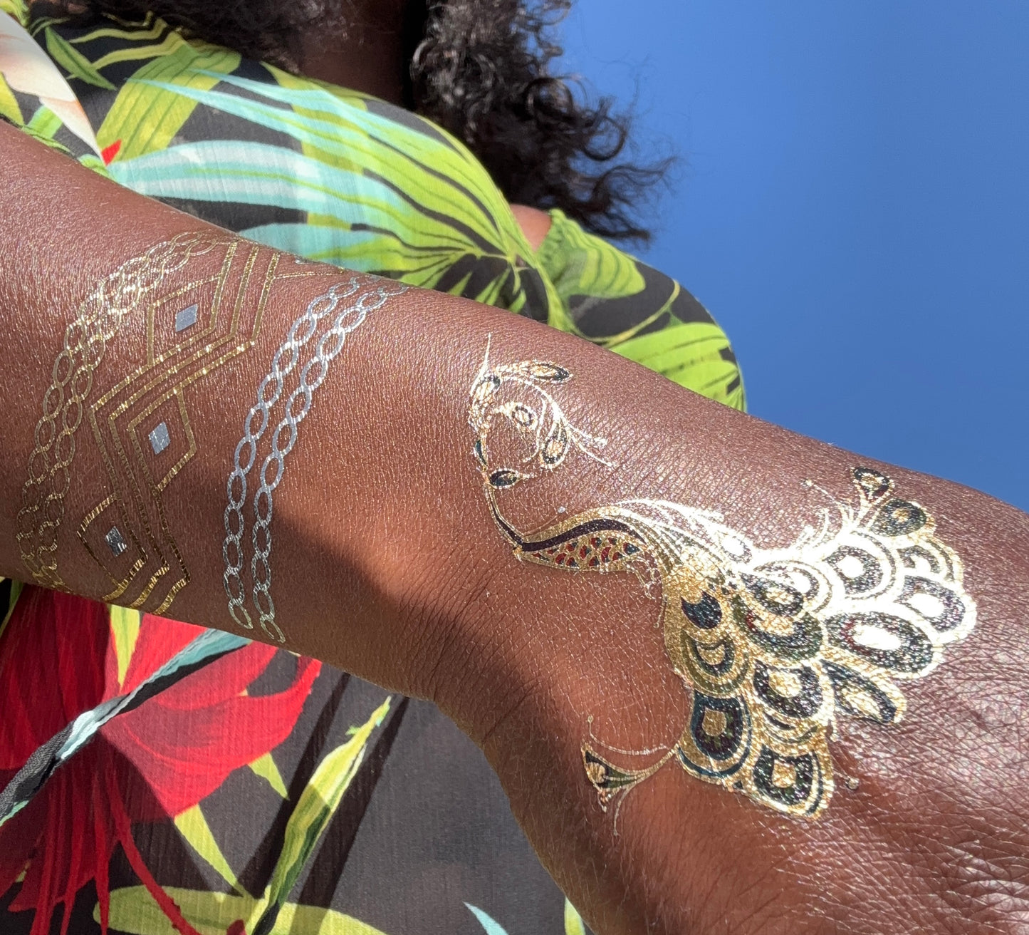 Temporary Gold Foil Flowers & Green Gold Leaf Tattoos