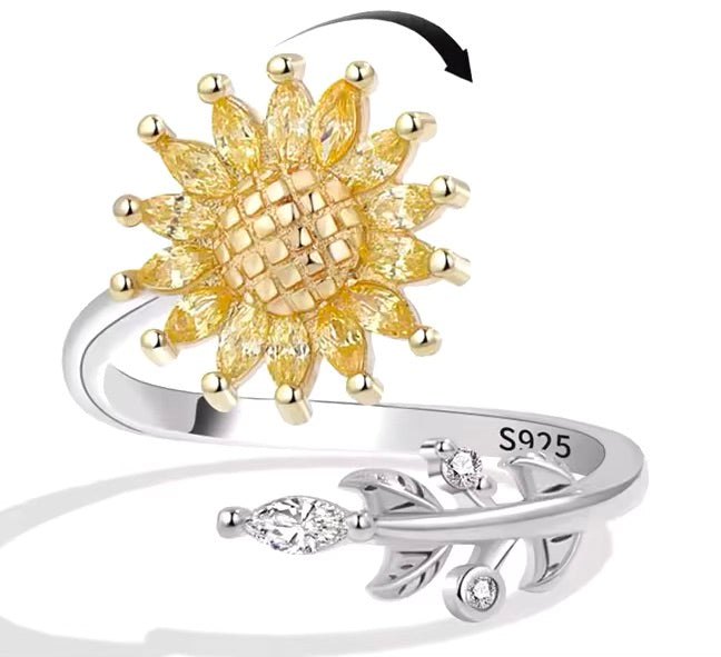 Sunflower and Diamante Leaf Anxiety Spinner Ring