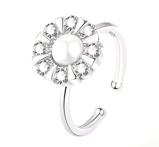 Diamante Faux Pearl and Flower Anxiety Spinner Ring