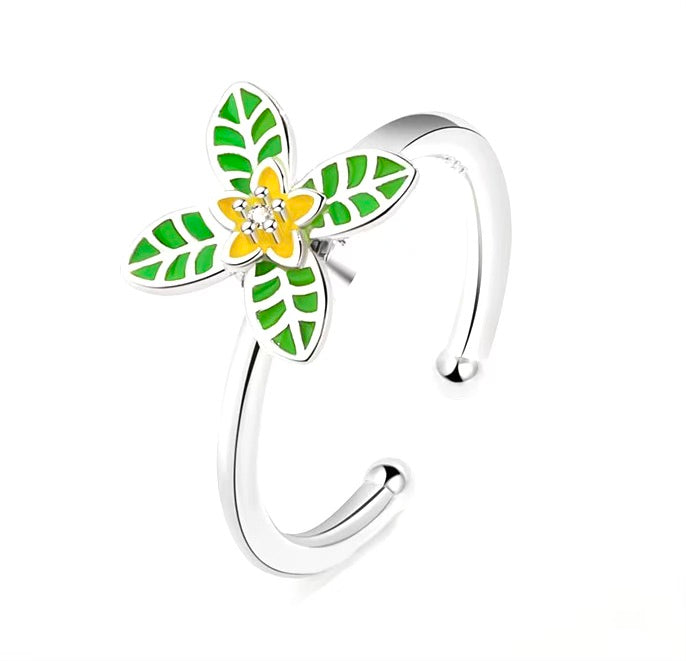 Flower and Green Leaf Spinner Ring
