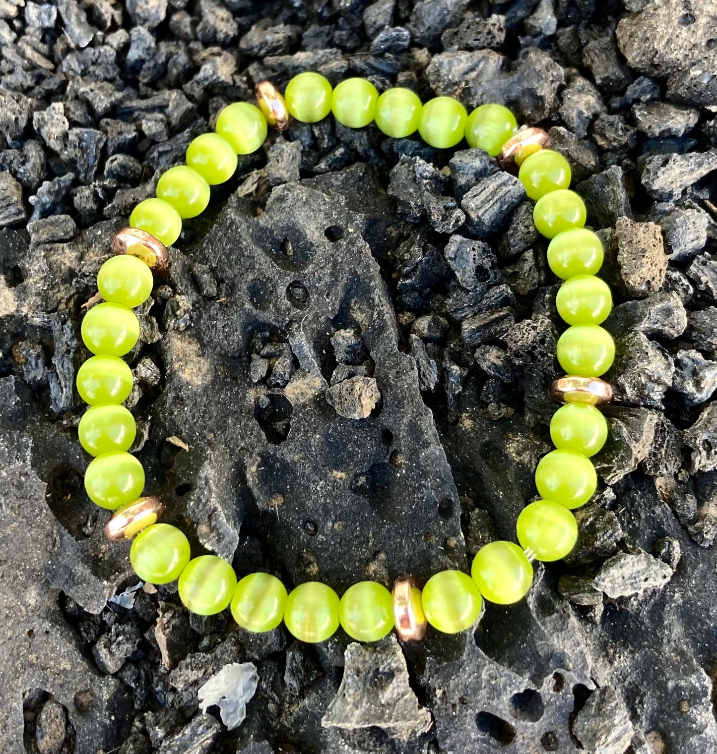 Green Cats Eye with Gold Hematite Beaded Stacking Bracelet