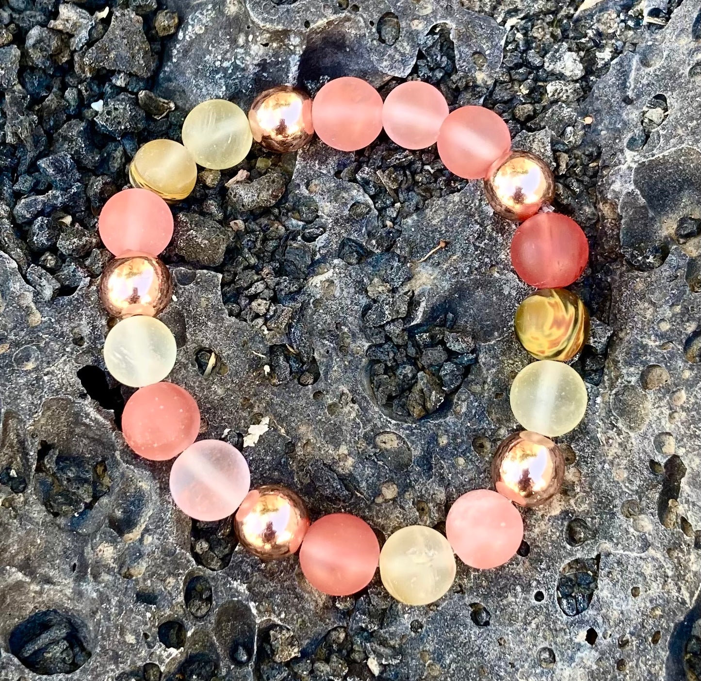 Mixed Pink Lithium Quartz Beaded Bracelet with Rose Gold Hematite Bead