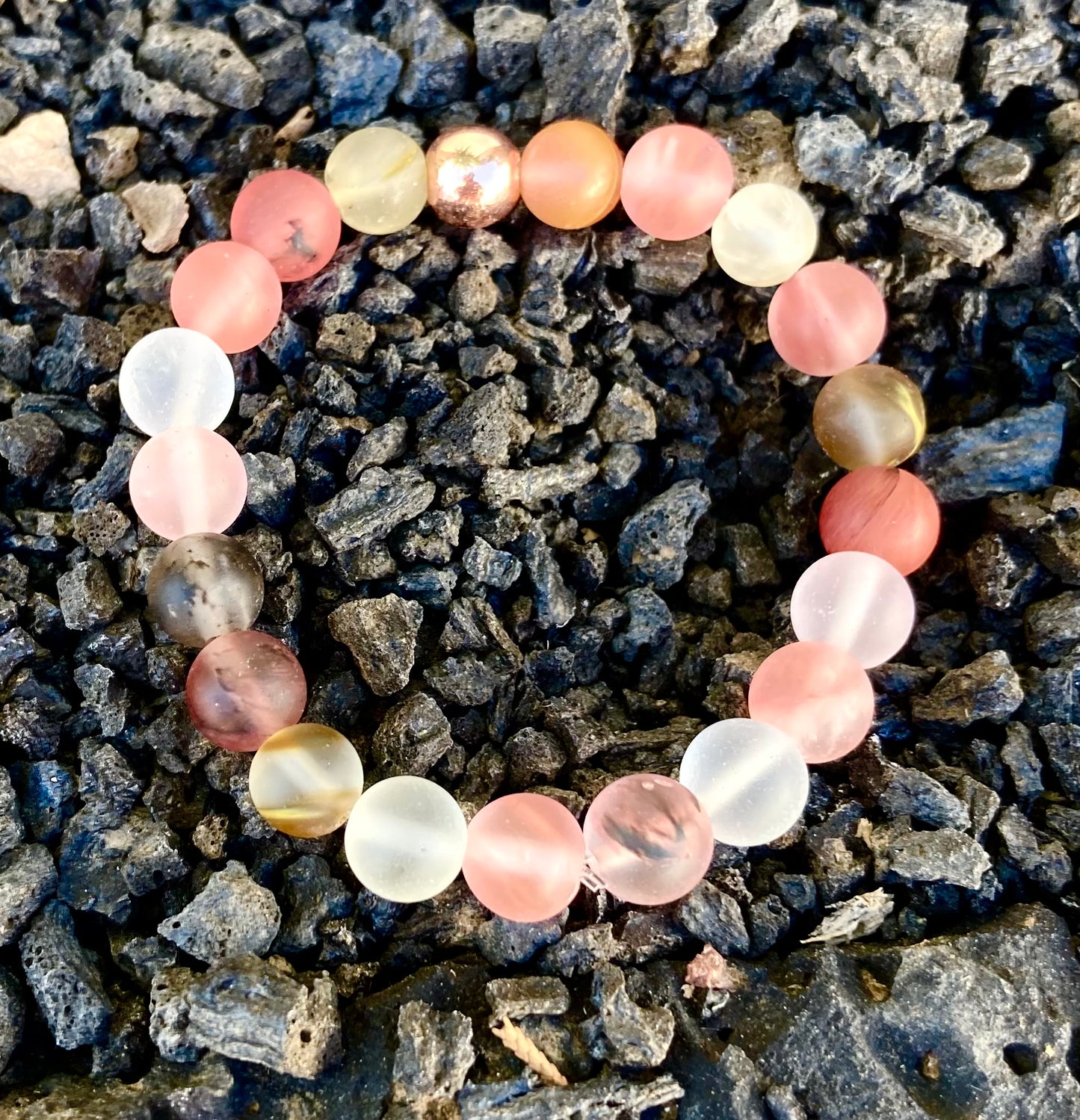 Mixed Pink Lithium Quartz Beaded Bracelet with Rose Gold Hematite Bead